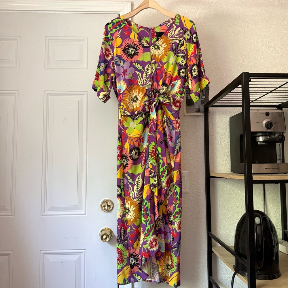 LE SUPERBE multicolor floral cherry fruit viscose tie front short sleeve midi‎